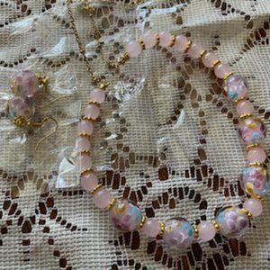 Pale PINK Frosted BEAD * Blue MILLE FIORI FLOWER Gold Spacers ~NECKLACE EARRINGS
